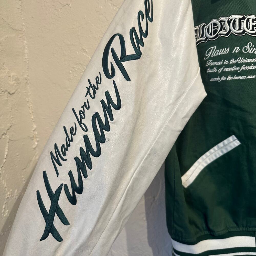 Loiter Size Medium Varsity Jacket Green White "Flaws n Sins" 98 patches - Picture 9 of 12